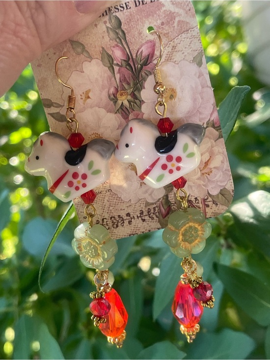 Hand Crafted Jewelry - White Horse Dangle Earrings with Red Crystal Drops and Mint Floral Charms